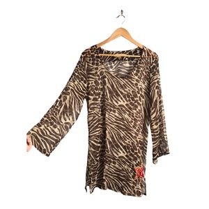 Niotto | Sheer animal print brown and cream bathing suit cover embellished